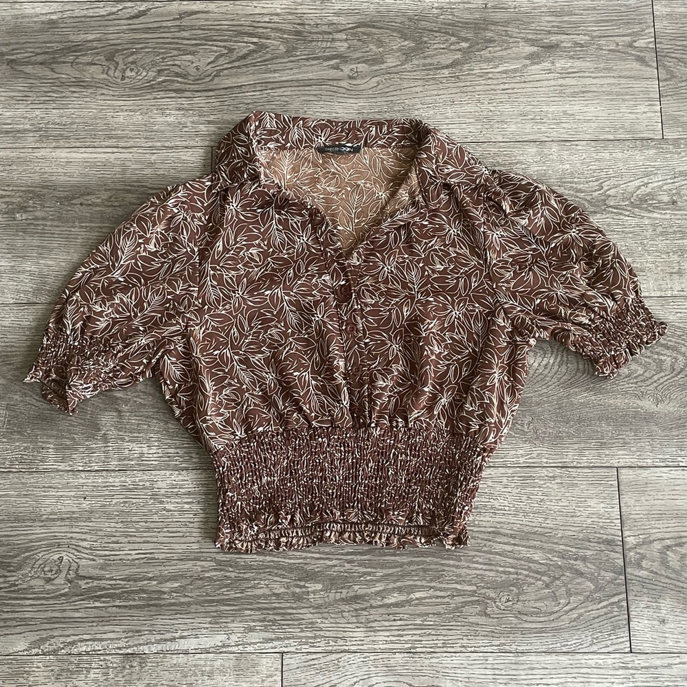 PAPERMOON | Brown cropped short sleeve top | Leaf printed | Small